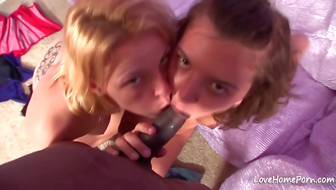 Blonde and brunette with big asses get deepthroated