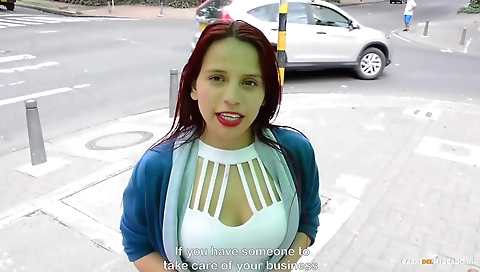 Redheaded girl makes her lover cum on her juicy tits