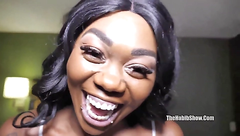 Ebony chick gets her mouth filled with cum after hardcore sex