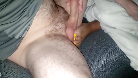 Ebony girl and her boyfriend make foot job on the feet