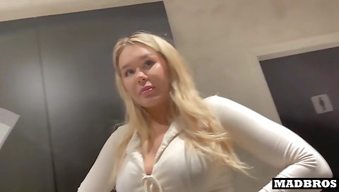 Blonde in stockings gets fucked in the toilet and elevator