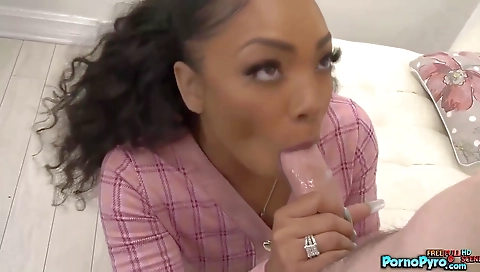 Blonde in sexy red suit and panties takes a hard white dick