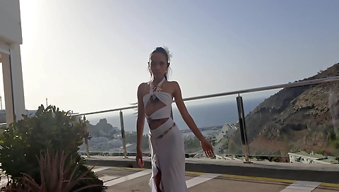 Dogy style in public balcony - blonde asian in sexy shorts