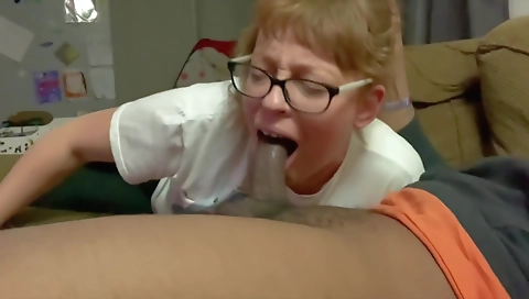 Big booty redhead gets her mouth drilled by a big black dick