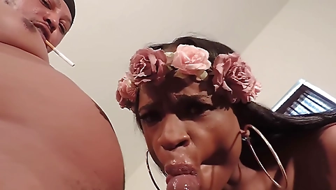 Ebony babe gets fucked in her mouth in amateur deepthroat video