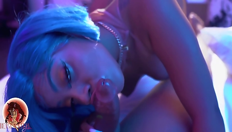 Busty ebony with a tattooed body gets fucked in mouth