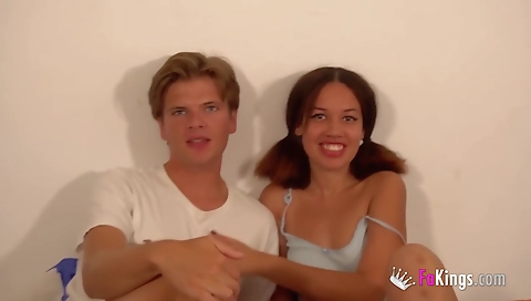 Busty brunette teen and a black chick have a threesome